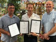 (L–R) David Coote and Neil Domoney from St Peters GC with Gordon Emslie.